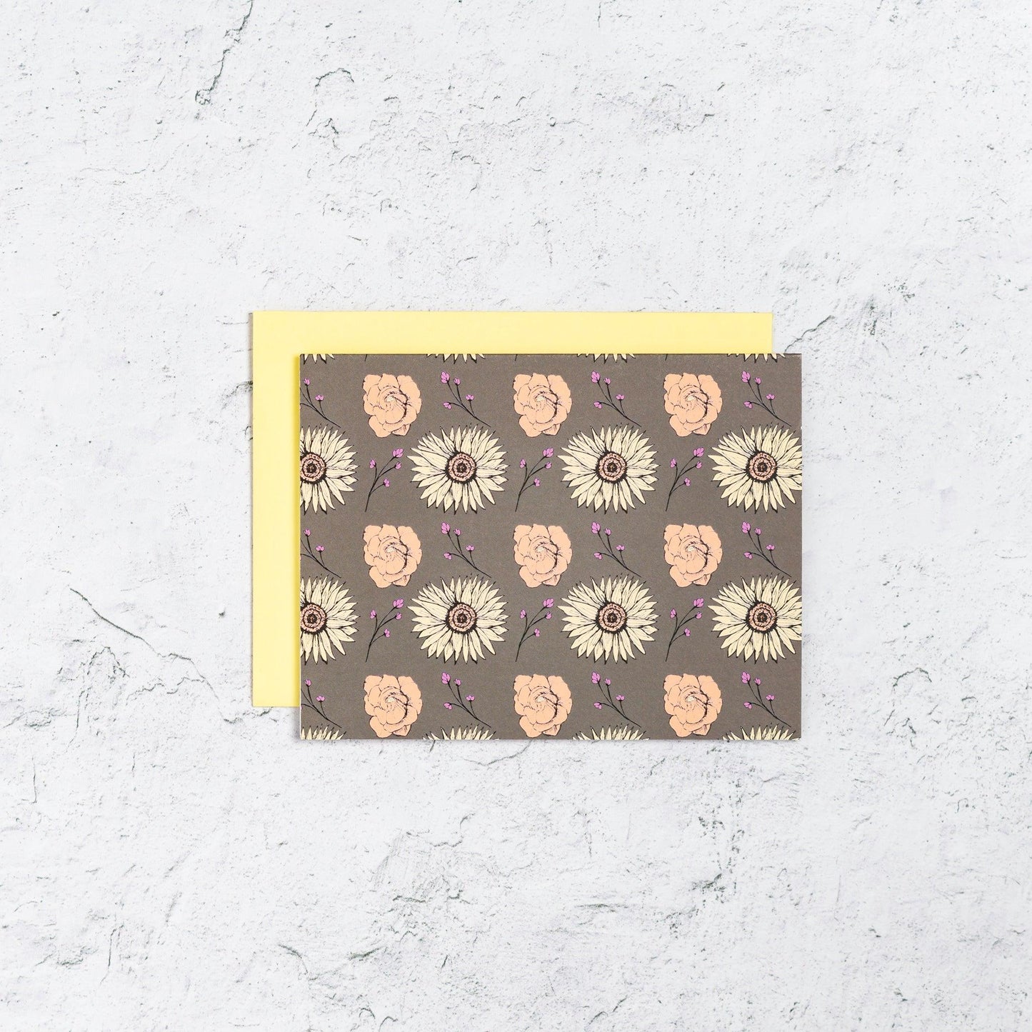 Fall floral notecard set with sunflowers and sprigs, brown, yellow and peach. Edit alt text