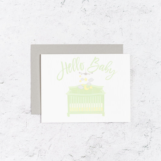 Hello Baby Card With Crib and Mobile