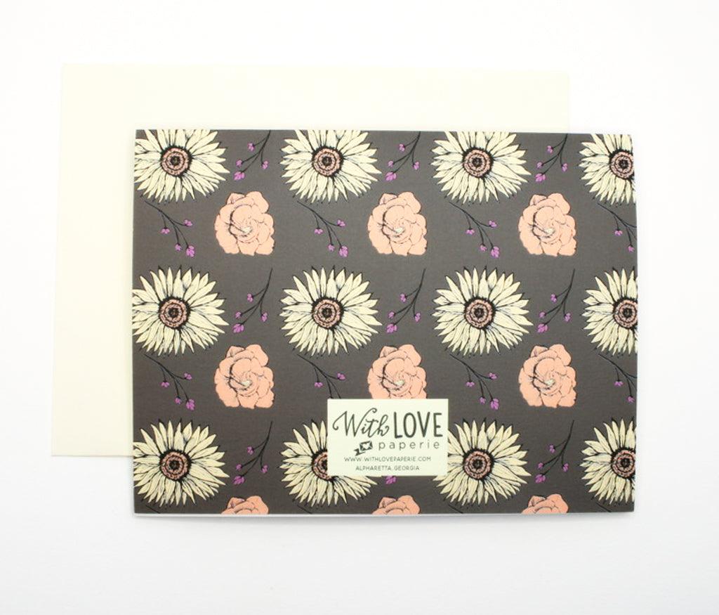 Fall floral notecard set with sunflowers and sprigs, brown, yellow and peach. 