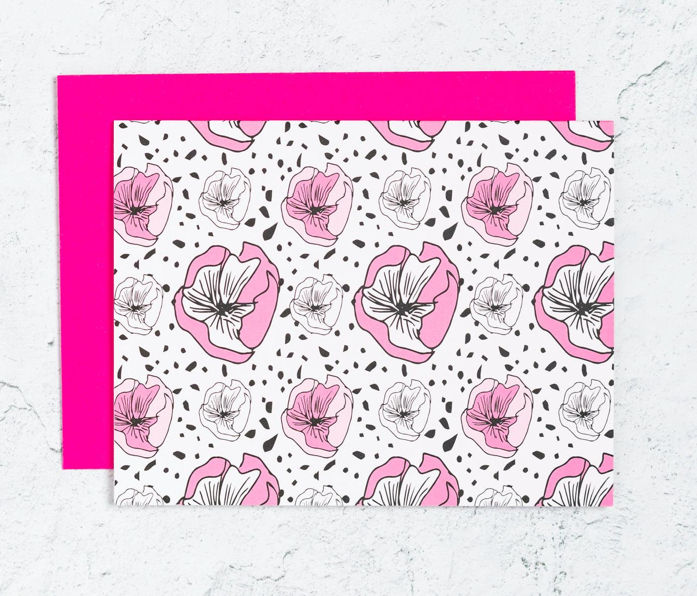 Bold pink and black floral note cards