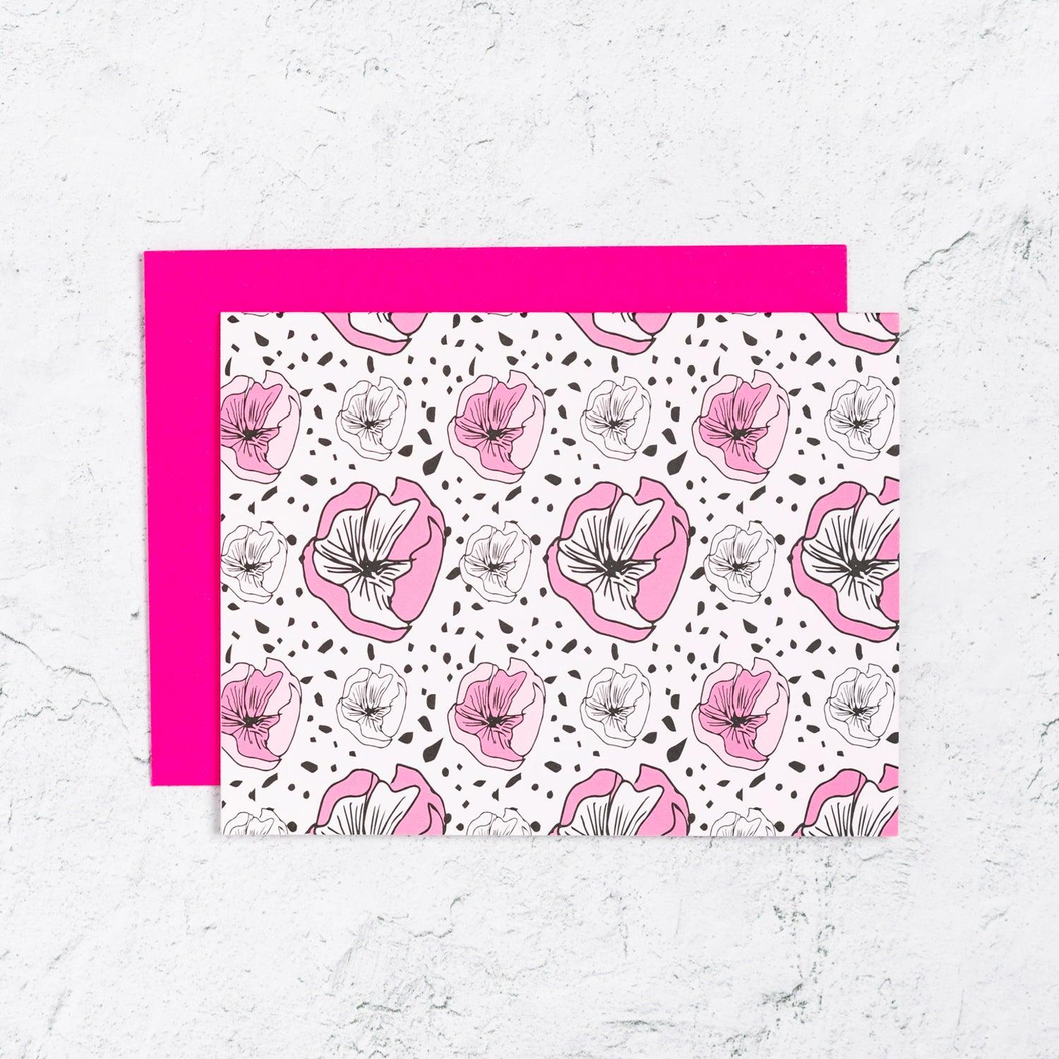 Bold pink and black floral note cards