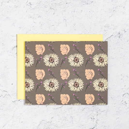 Fall floral notecard set with sunflowers and sprigs, brown, yellow and peach.